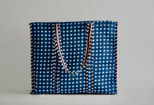 Large Navy Gingham Tote Bag