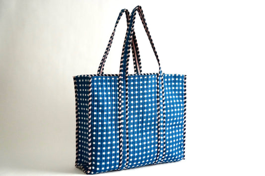 Large Navy Gingham Tote Bag