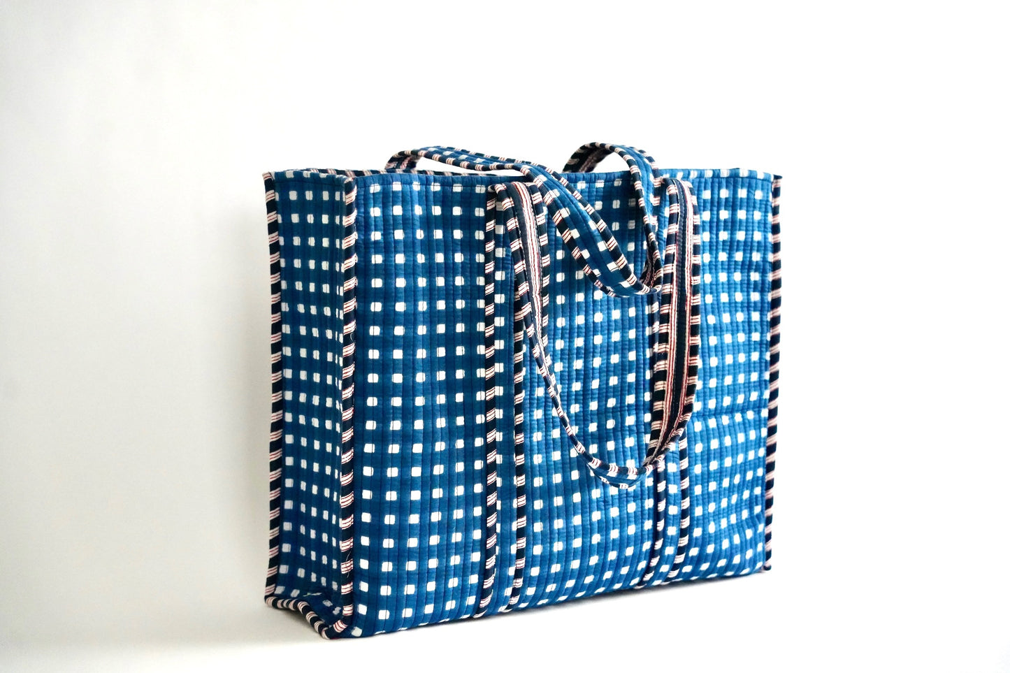 Large Navy Gingham Tote Bag