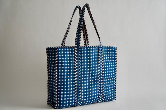 Large Navy Gingham Tote Bag
