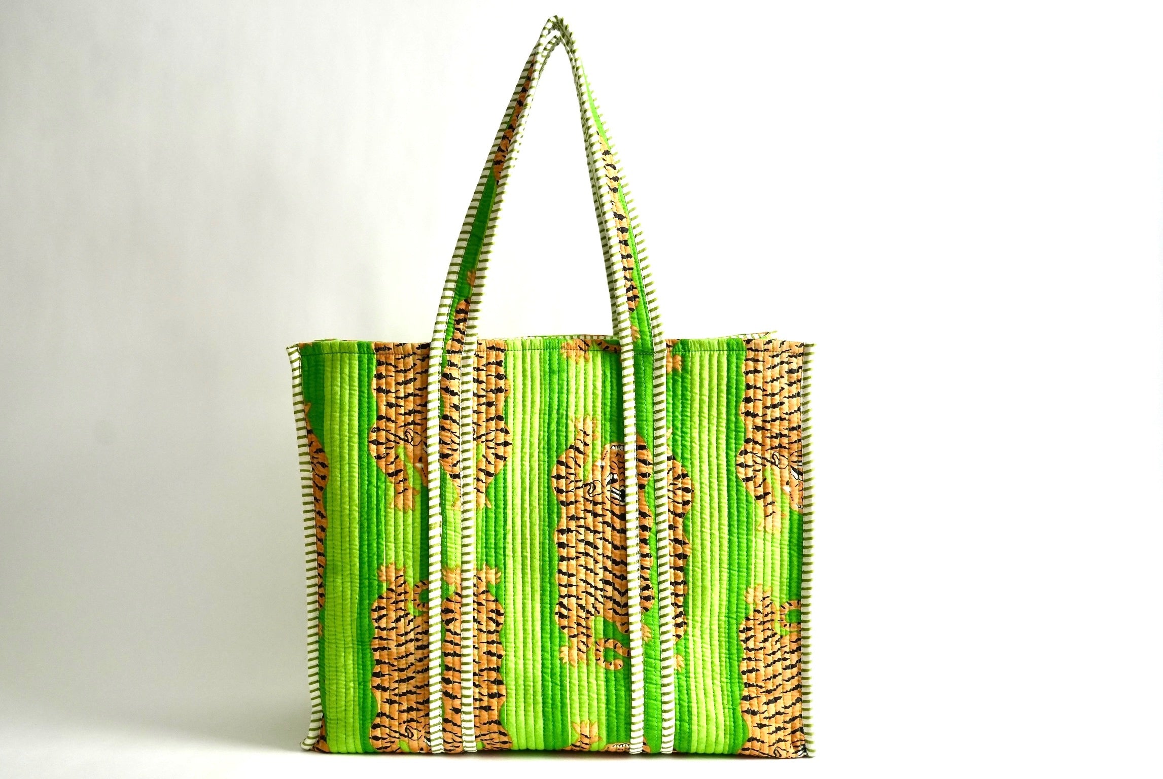 Neon Green Tiger Hand Block Printed Tote Bag | Sorella Sol