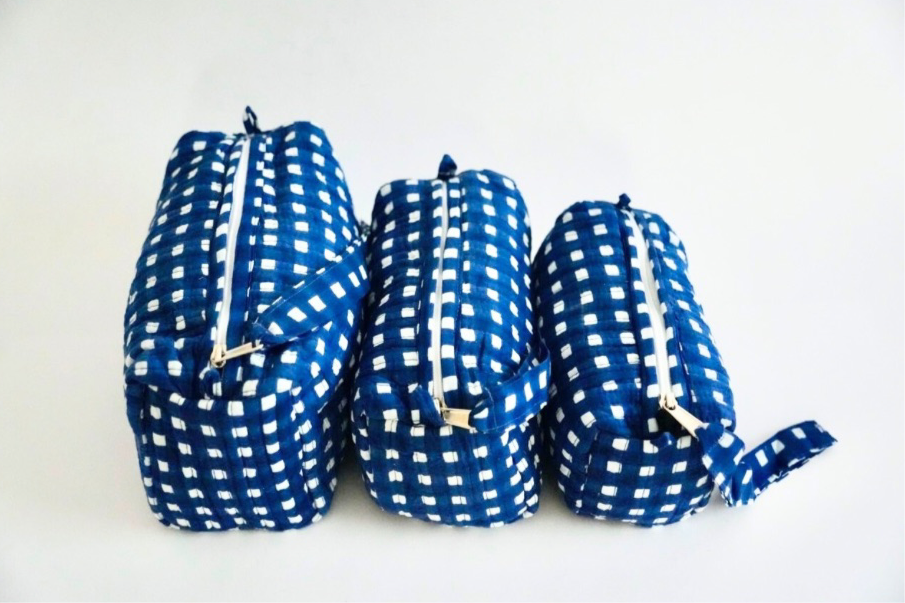 Blue Gingham Cosmetic Bag Set